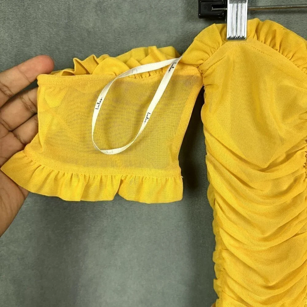LULUS Dress Womens Size L Mustard Yellow Ruched Off-the-Shoulder Bodycon - Picture 7 of 12